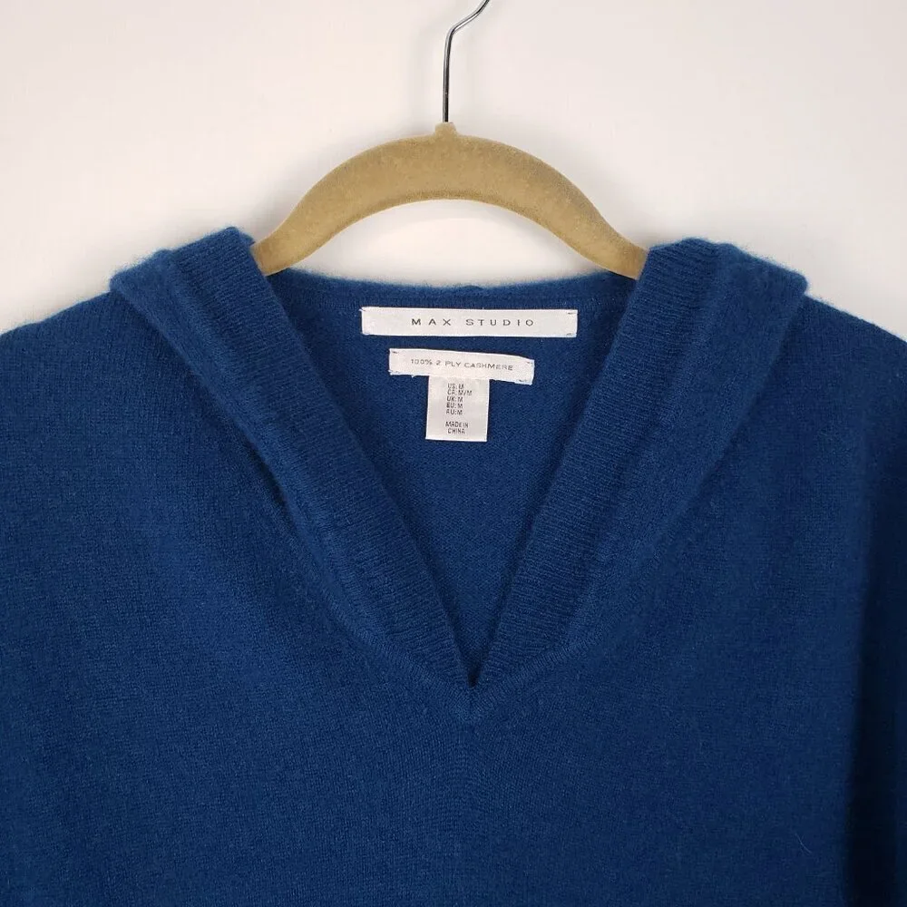 Max Studio 100% Cashmere Hooded Pullover Sweater Peacock Blue Womens Medium